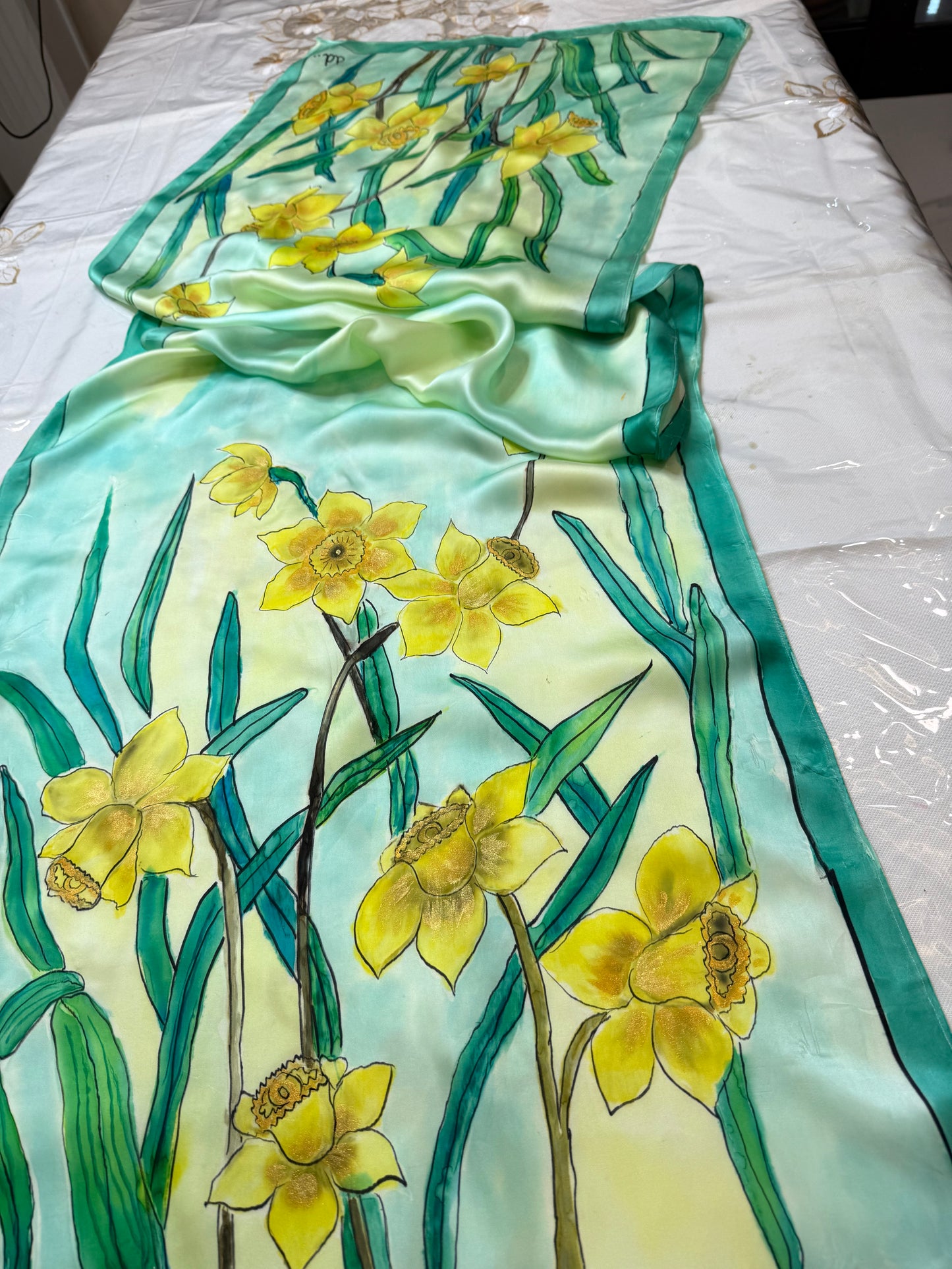 Golden Daffodil Bloom on Satin Silk
