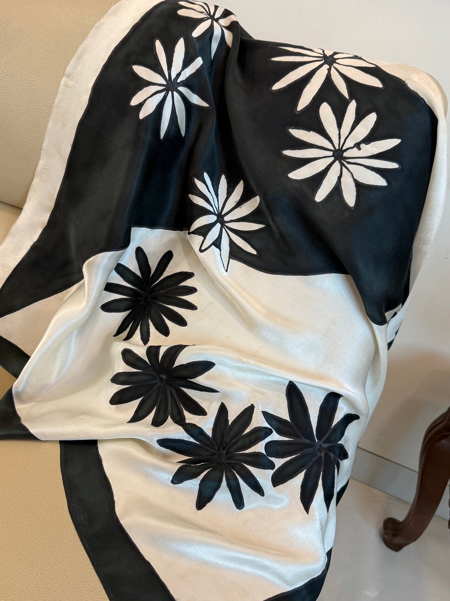 Black & White Bloom Silk Scarf