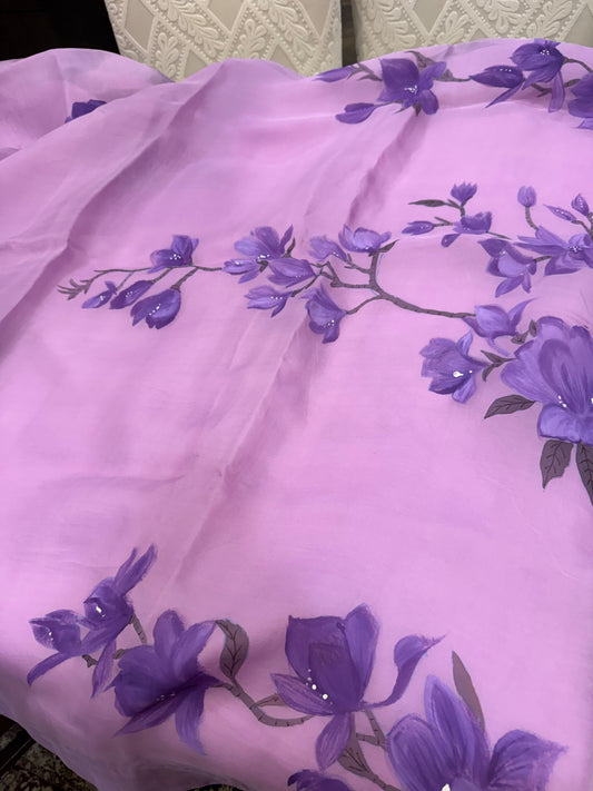 Purple Magnolia Dream — Handpainted Mauve Organza Silk Saree