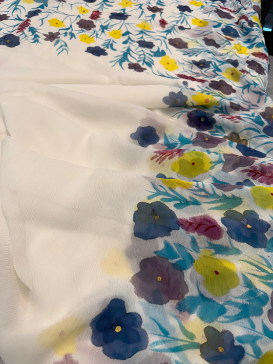 White Garden Poetry-Handpainted pure Chiffon saree