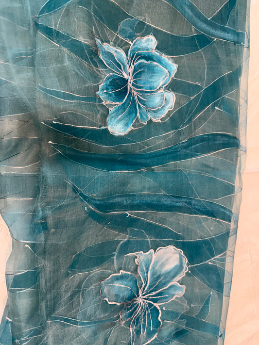 Teal Bloom Reverie-Handpainted organza Dupatta