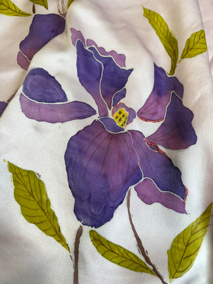 Violet Iris Bloom on Satin Silk