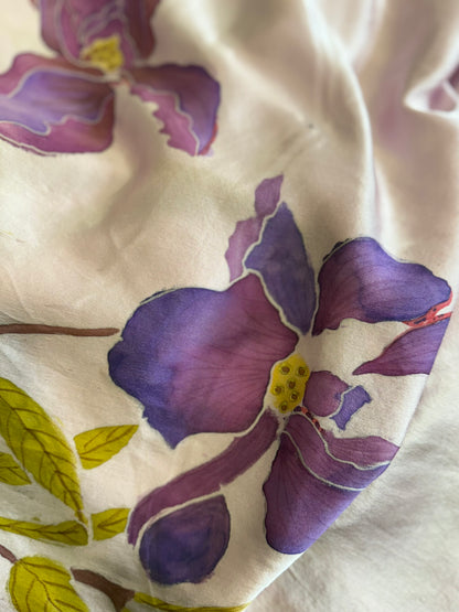 Violet Iris Bloom on Satin Silk