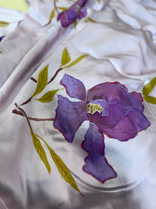 Violet Iris Bloom on Satin Silk