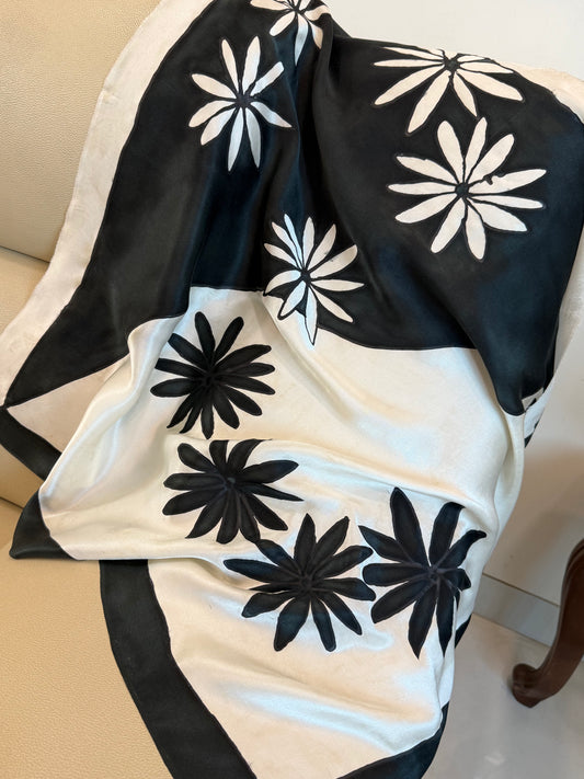 Black & White Bloom Silk Scarf