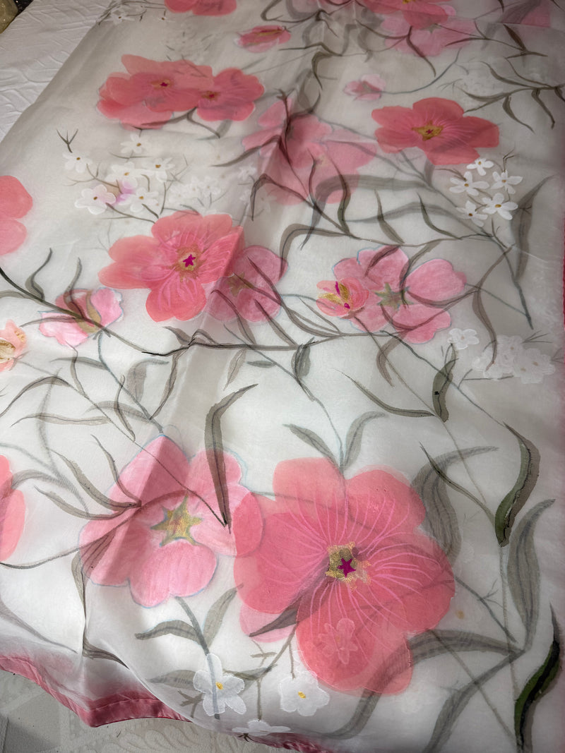 Bloom & Sheer — Handpainted Floral White Organza Dupatta