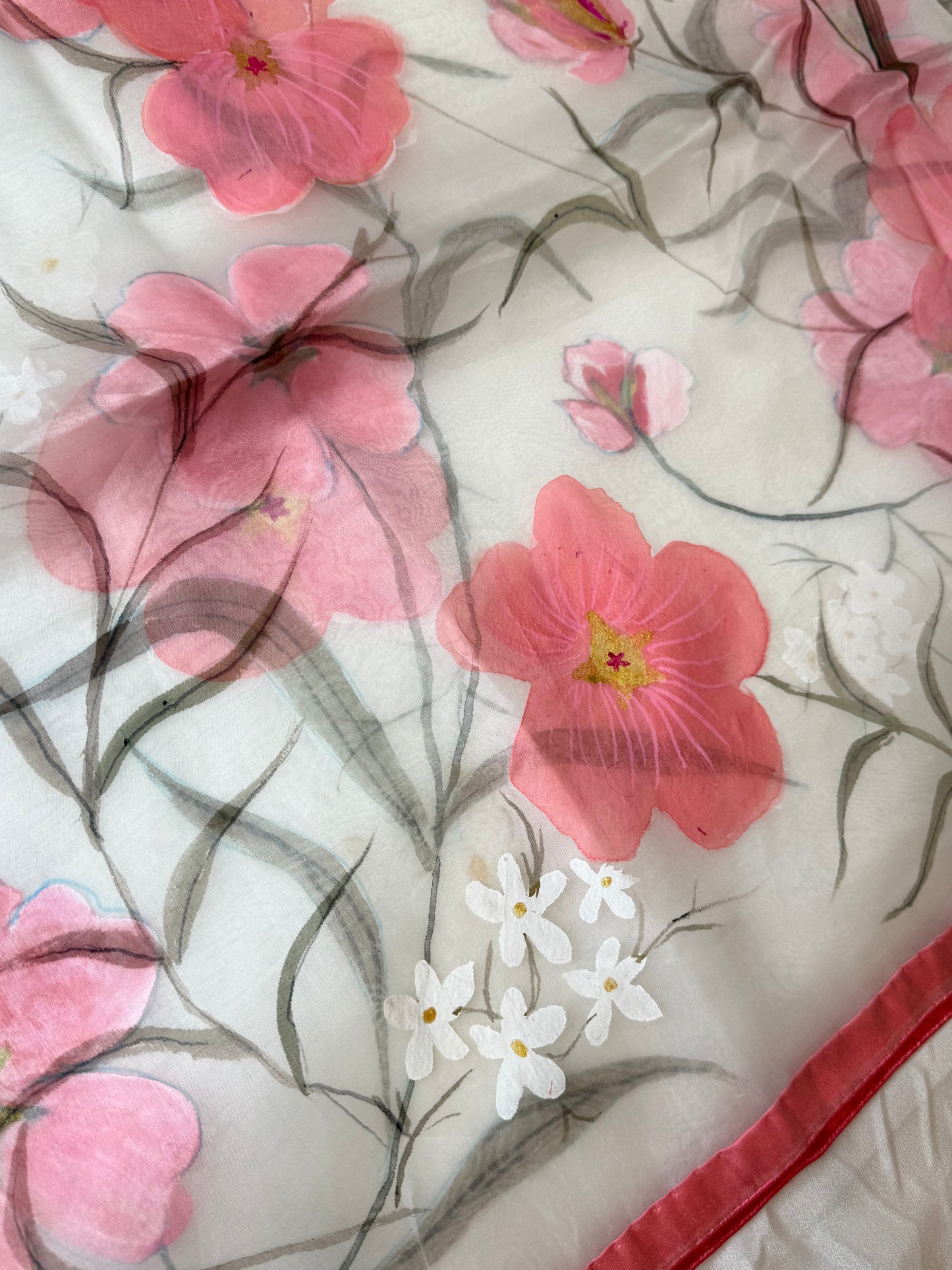 Bloom & Sheer — Handpainted Floral White Organza Dupatta