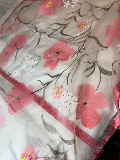 Bloom & Sheer — Handpainted Floral White Organza Dupatta