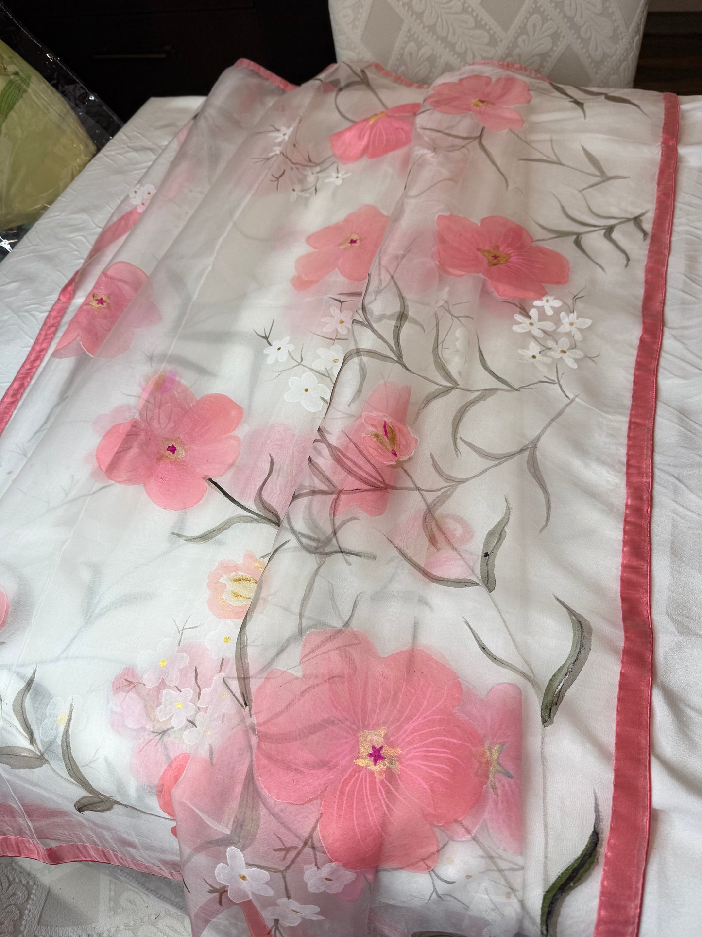 Bloom & Sheer — Handpainted Floral White Organza Dupatta