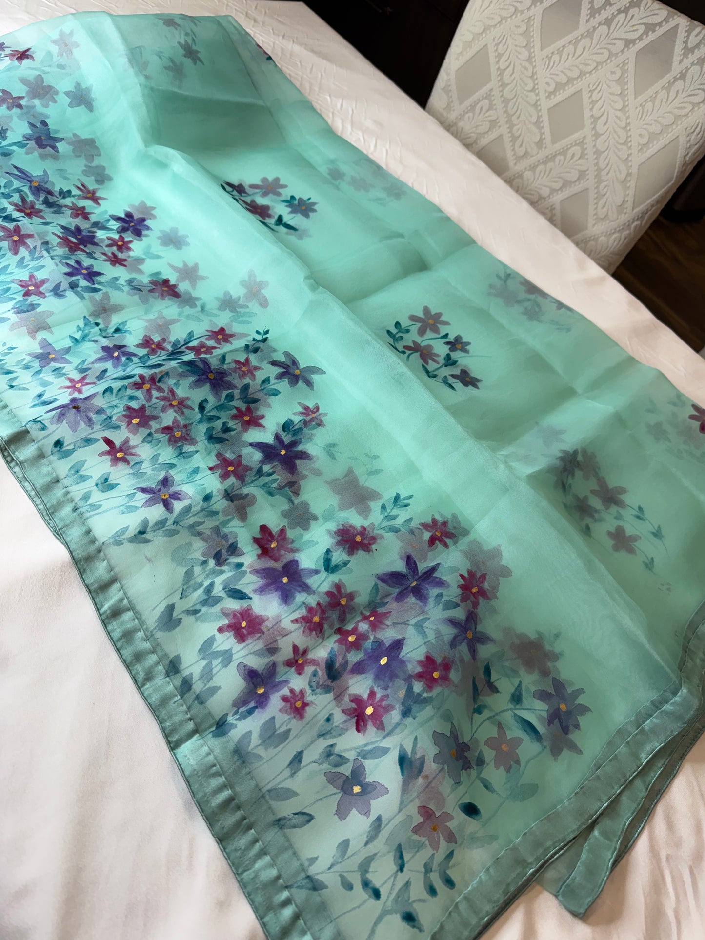Botanical Grace — Handpainted Floral Green Organza Dupatta