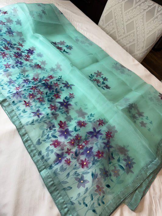 Botanical Grace — Handpainted Floral Green Organza Dupatta
