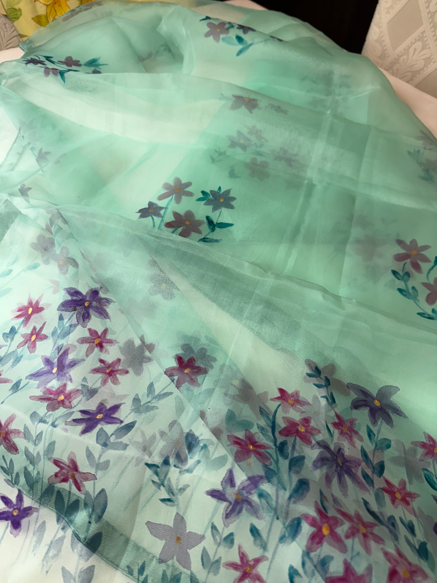 Botanical Grace — Handpainted Floral Green Organza Dupatta