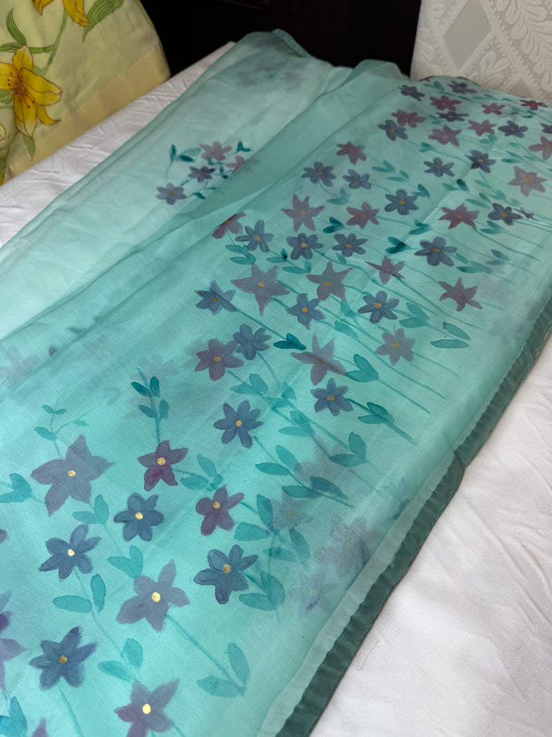 Botanical Grace — Handpainted Floral Green Organza Dupatta