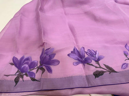 Purple Magnolia Dream — Handpainted Mauve Organza Silk Saree