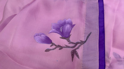 Purple Magnolia Dream — Handpainted Mauve Organza Silk Saree