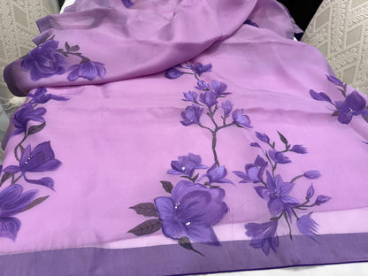 Purple Magnolia Dream — Handpainted Mauve Organza Silk Saree