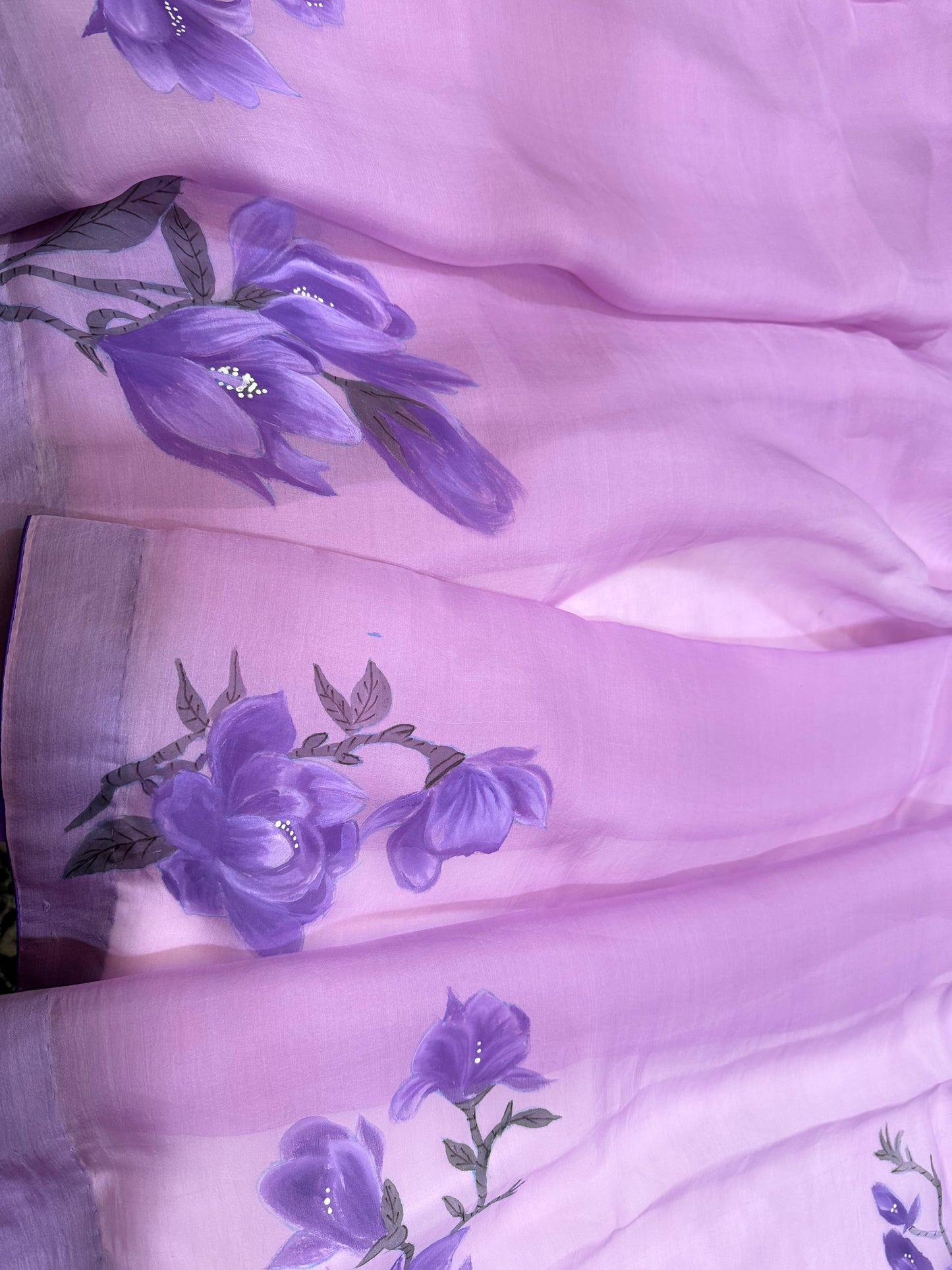 Purple Magnolia Dream — Handpainted Mauve Organza Silk Saree