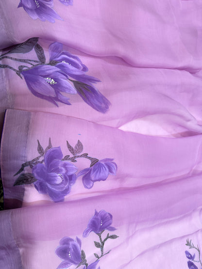 Purple Magnolia Dream — Handpainted Mauve Organza Silk Saree
