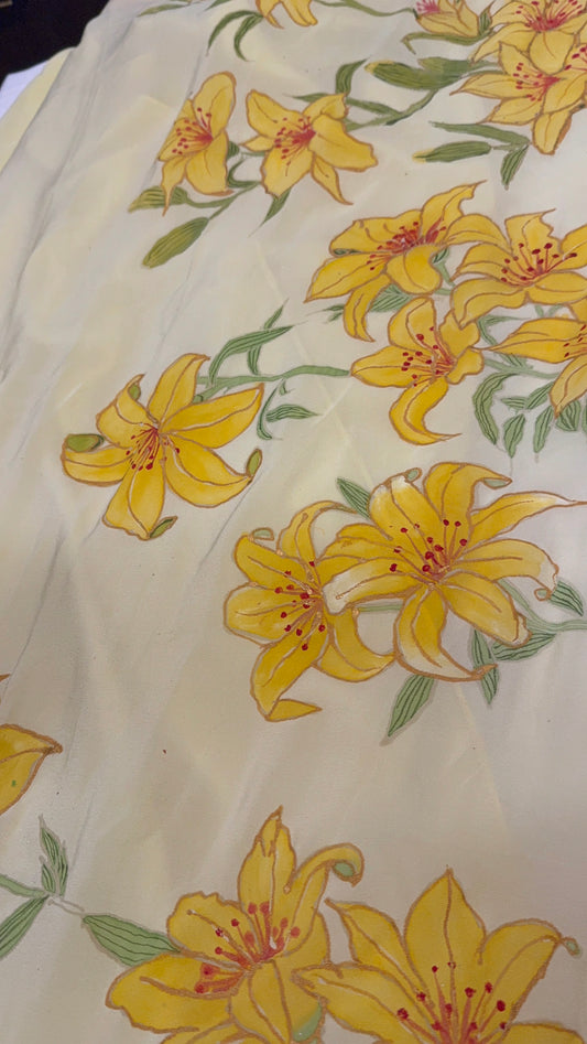 Yellow Lily Reverie — Handpainted Crepe Silk Saree