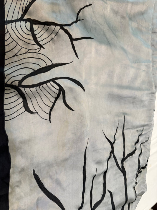 Ink and Mist-Handpainted Satin silk Saree