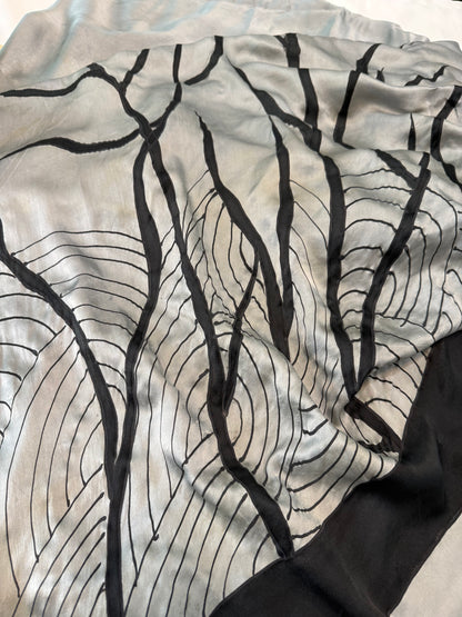 Ink and Mist-Handpainted Satin silk Saree