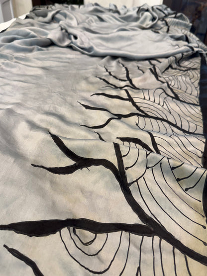 Ink and Mist-Handpainted Satin silk Saree