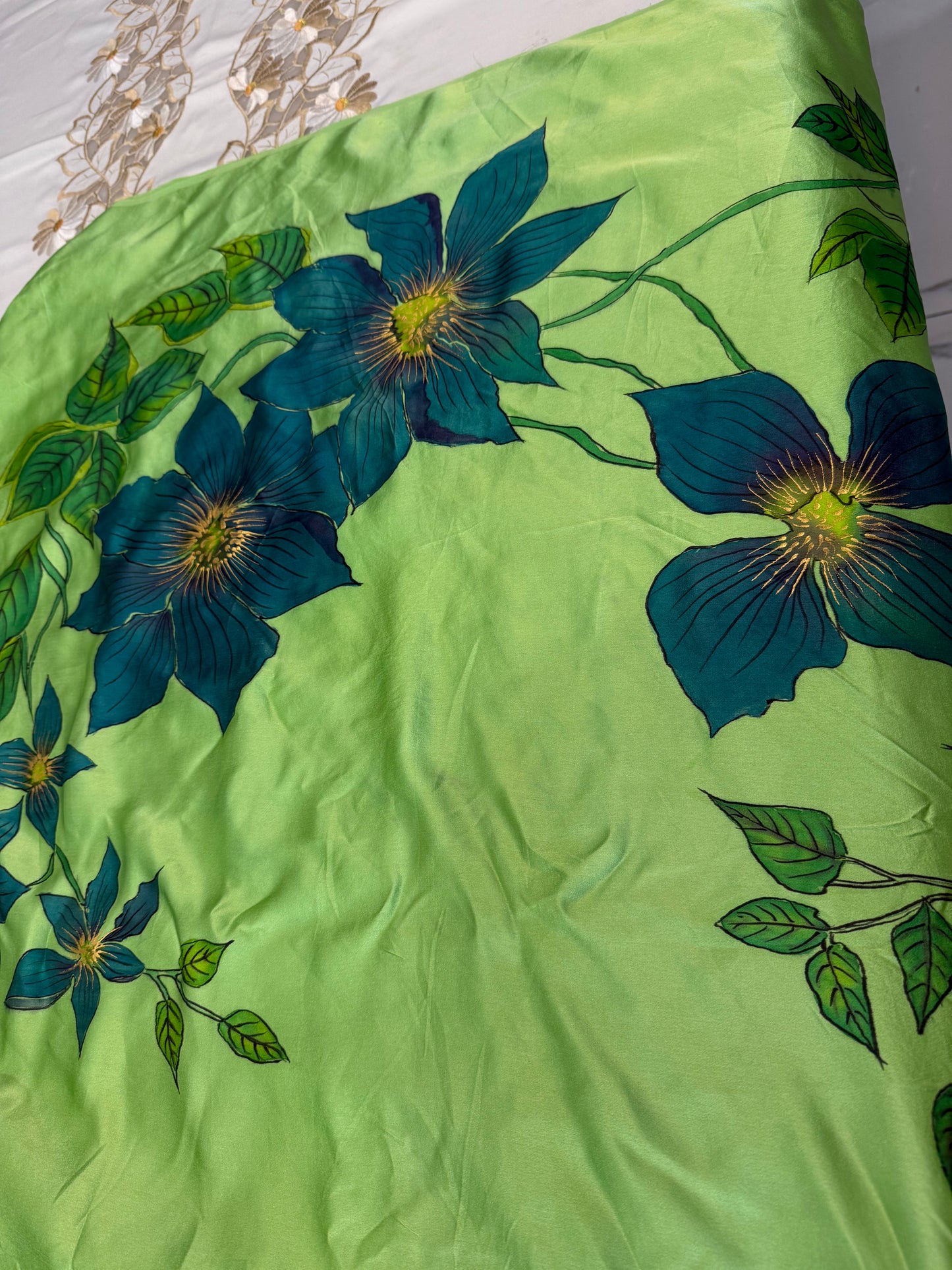 Sapphire Bloom Saree-Handpainted Satin silk saree