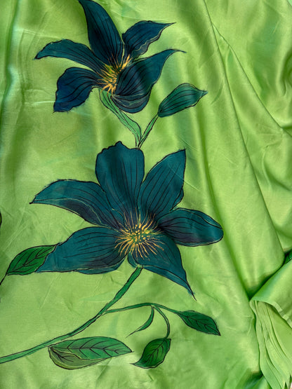 Sapphire Bloom Saree-Handpainted Satin silk saree
