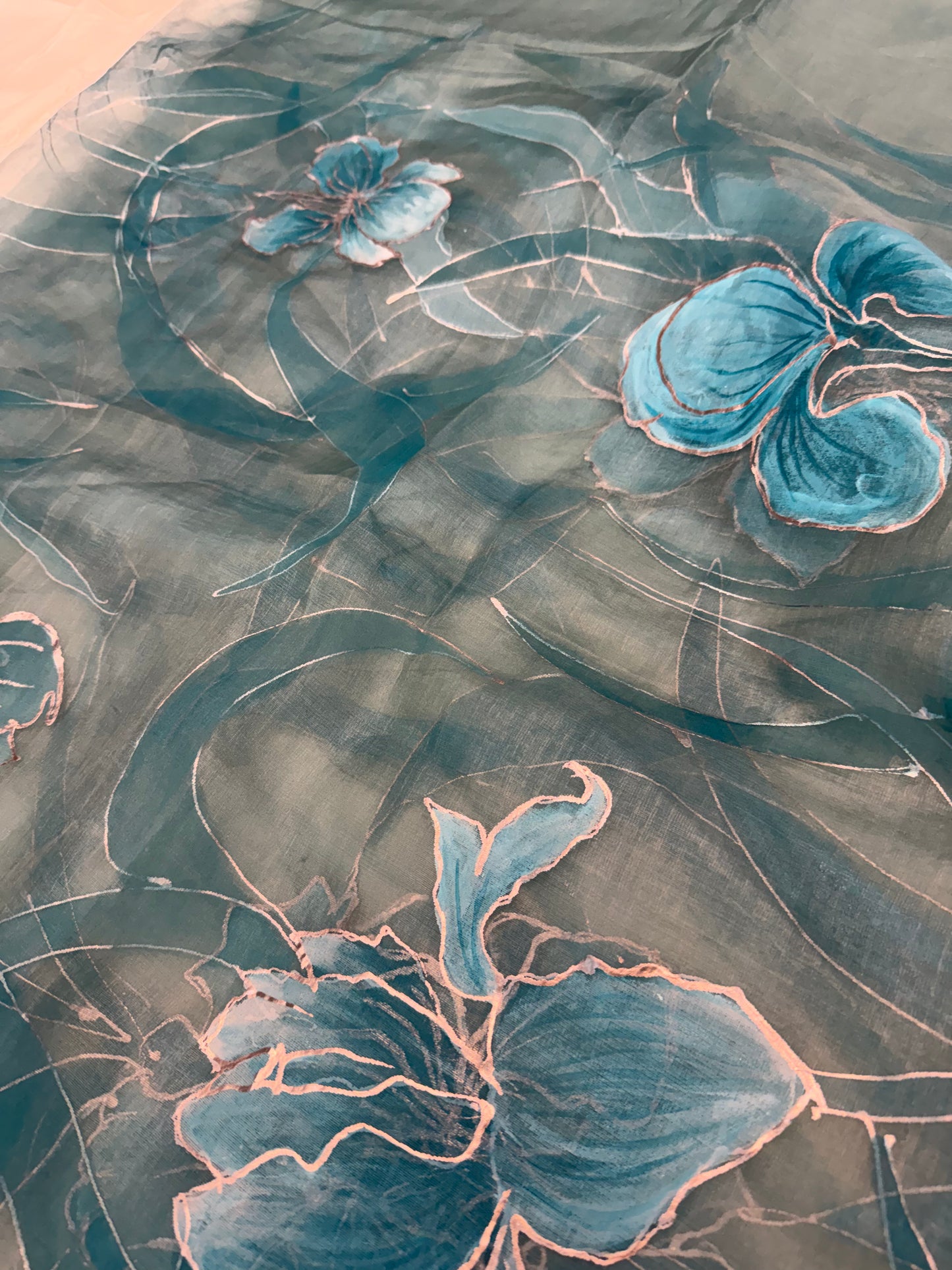 Teal Bloom Reverie-Handpainted organza Dupatta