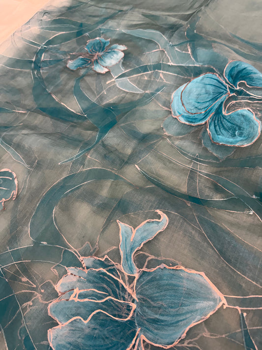 Teal Bloom Reverie-Handpainted organza Dupatta