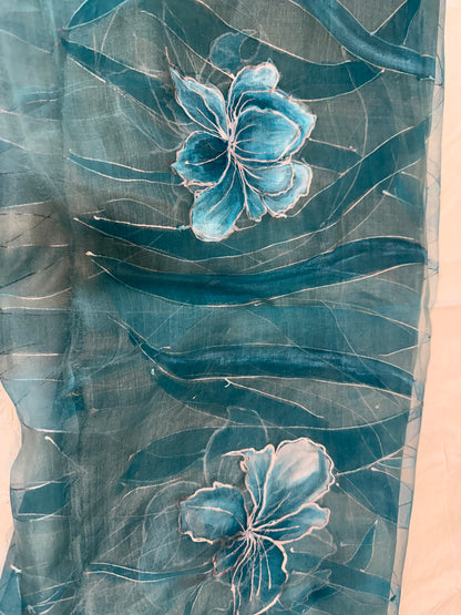 Teal Bloom Reverie-Handpainted organza Dupatta