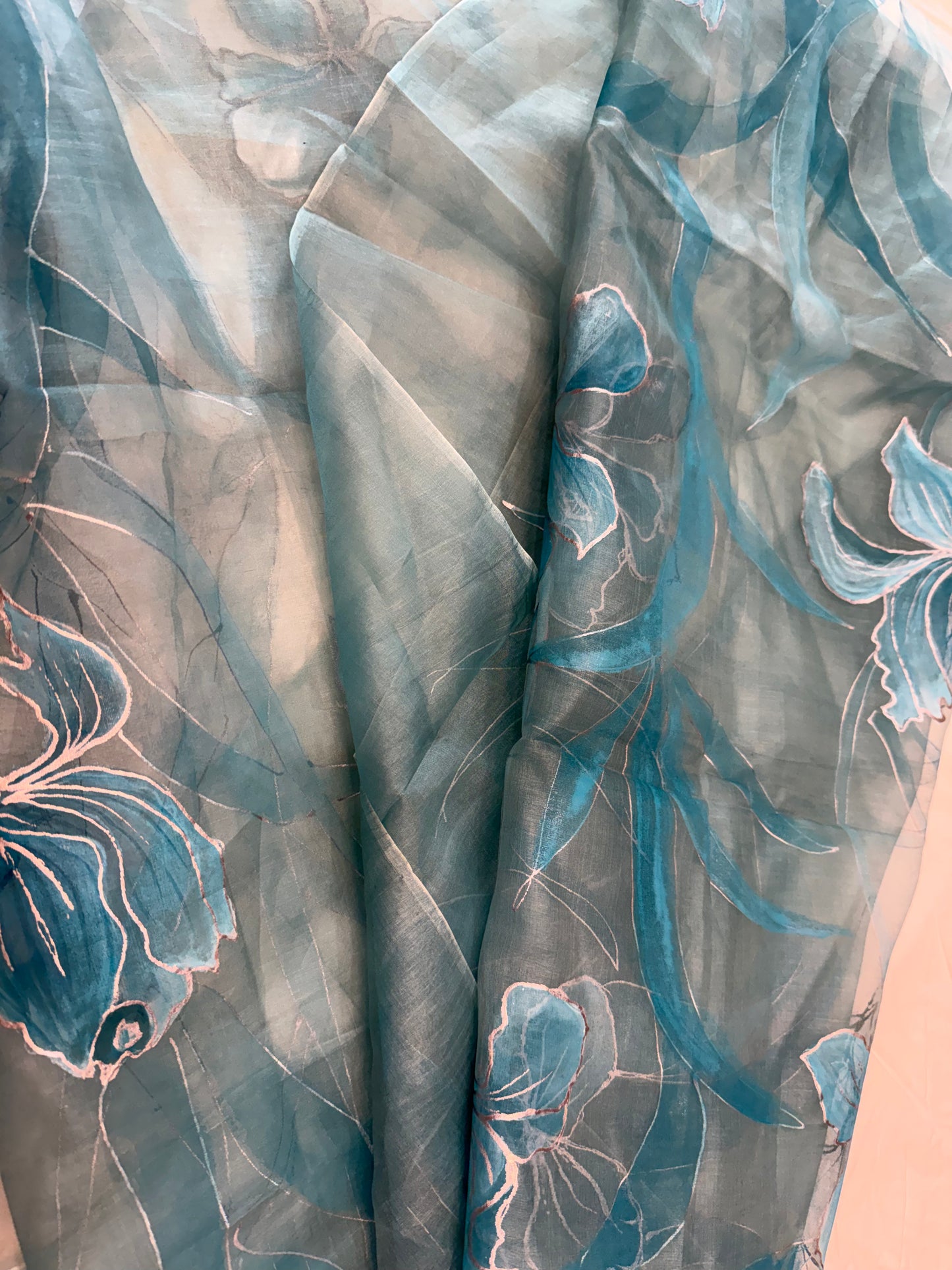 Teal Bloom Reverie-Handpainted organza Dupatta