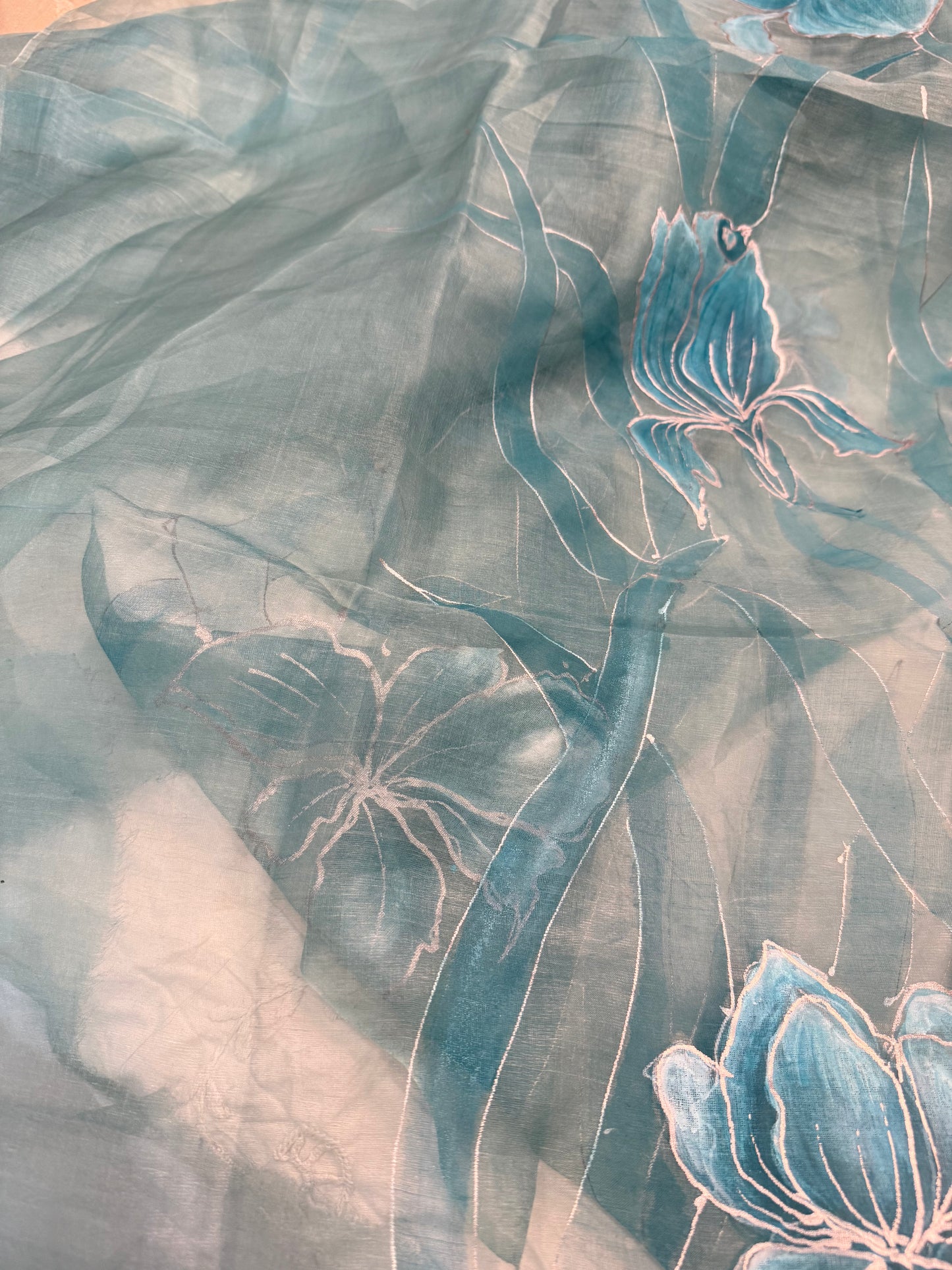 Teal Bloom Reverie-Handpainted organza Dupatta