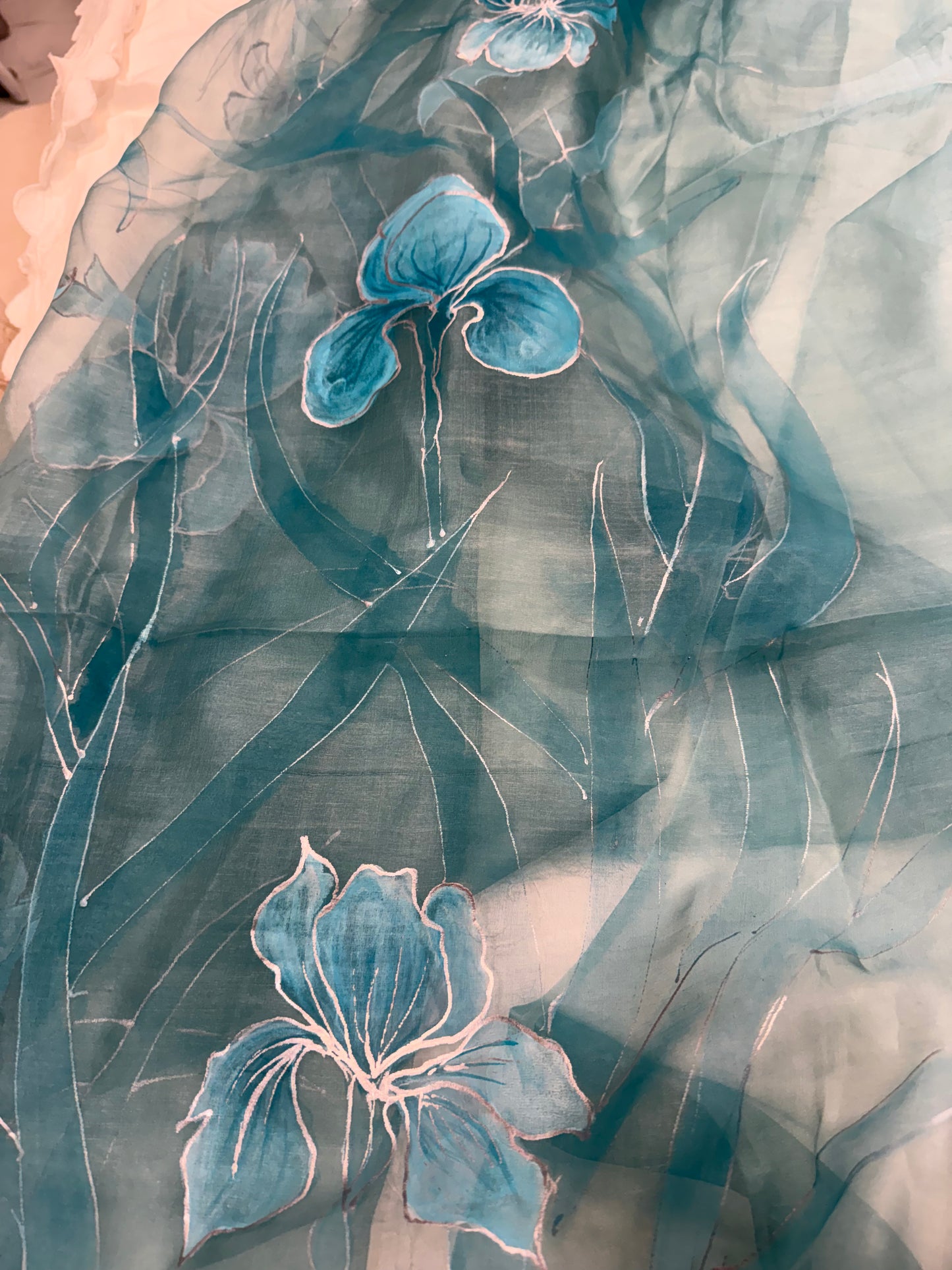 Teal Bloom Reverie-Handpainted organza Dupatta
