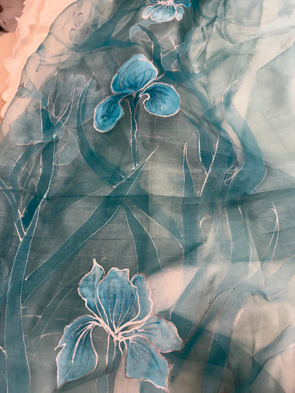 Teal Bloom Reverie-Handpainted organza Dupatta
