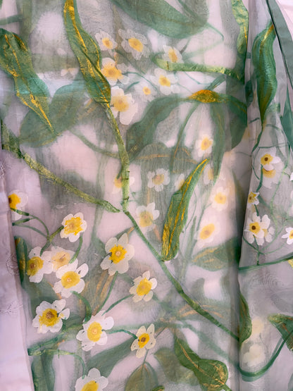 Whispers of wild daisies-Handpainted Organza dupatta