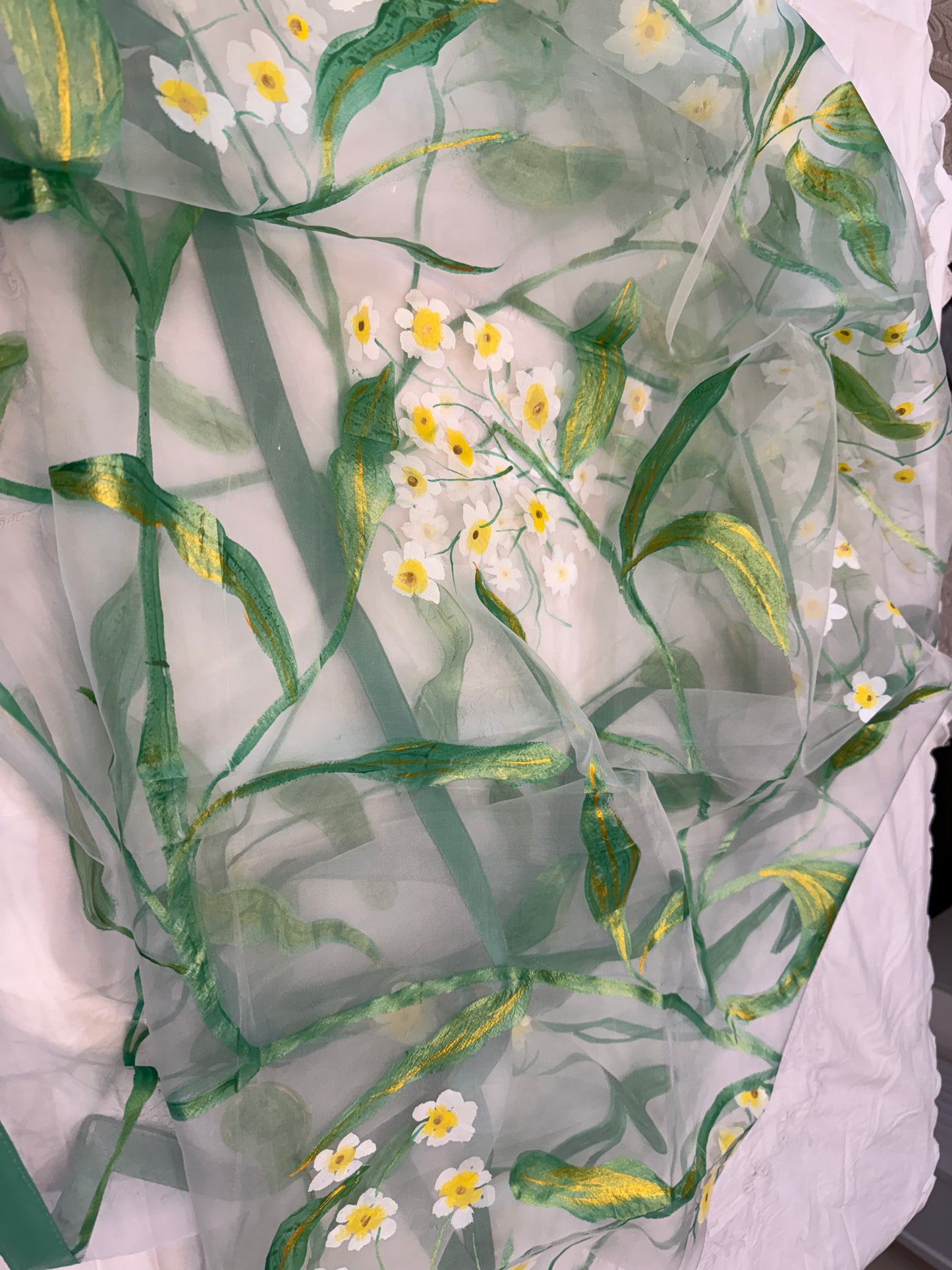 Whispers of wild daisies-Handpainted Organza dupatta