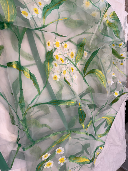 Whispers of wild daisies-Handpainted Organza dupatta