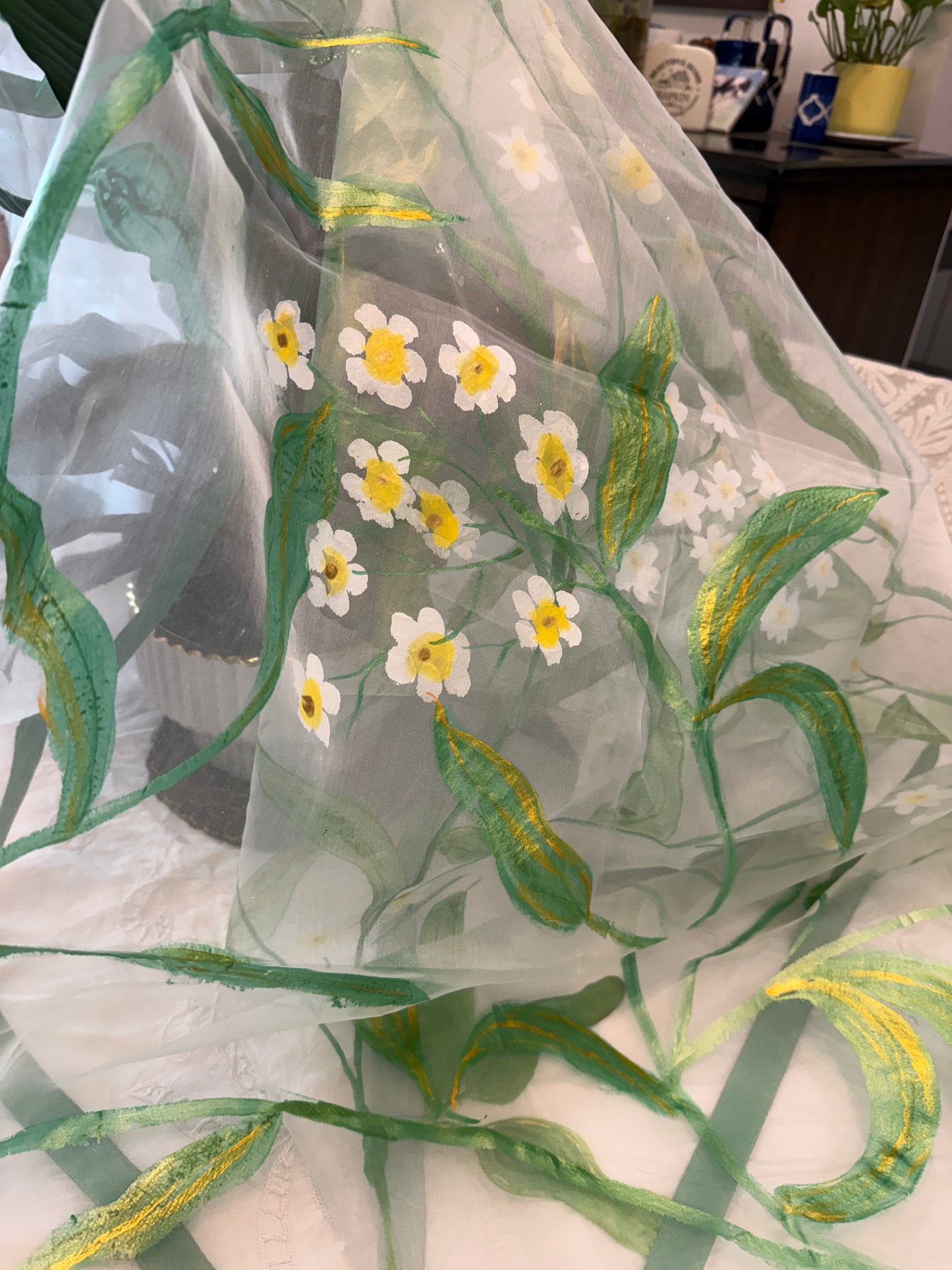 Whispers of wild daisies-Handpainted Organza dupatta
