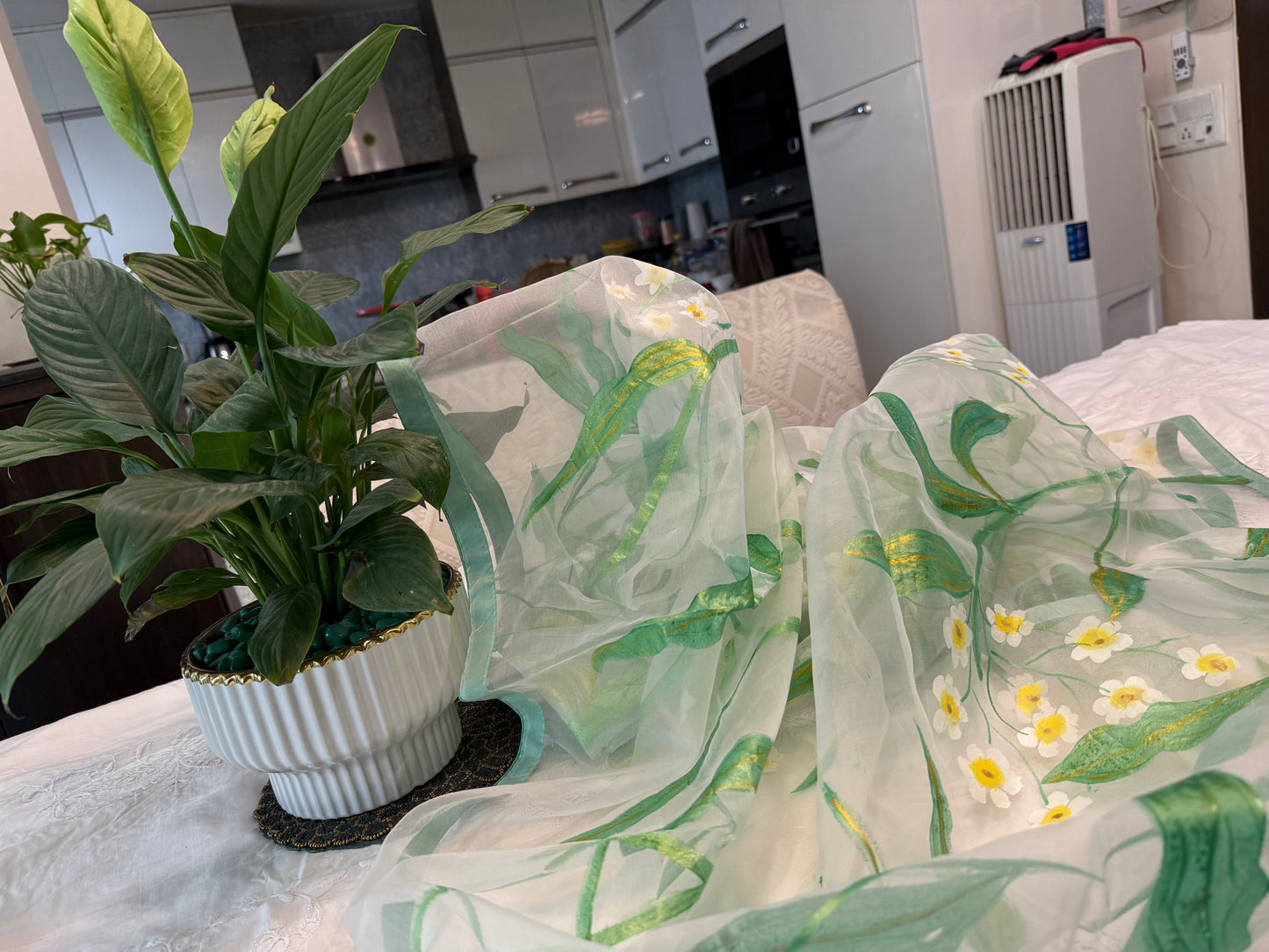 Whispers of wild daisies-Handpainted Organza dupatta