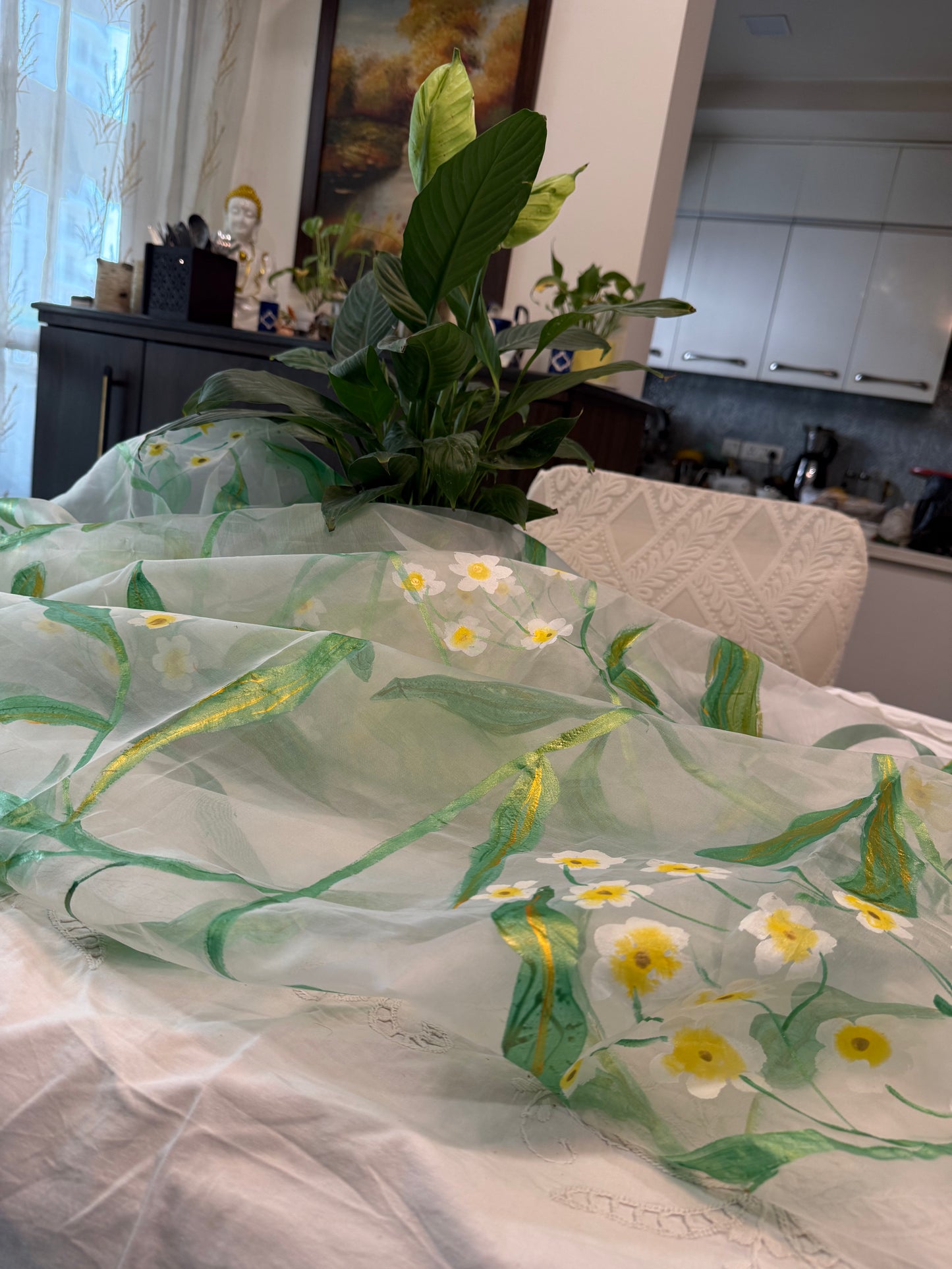 Whispers of wild daisies-Handpainted Organza dupatta