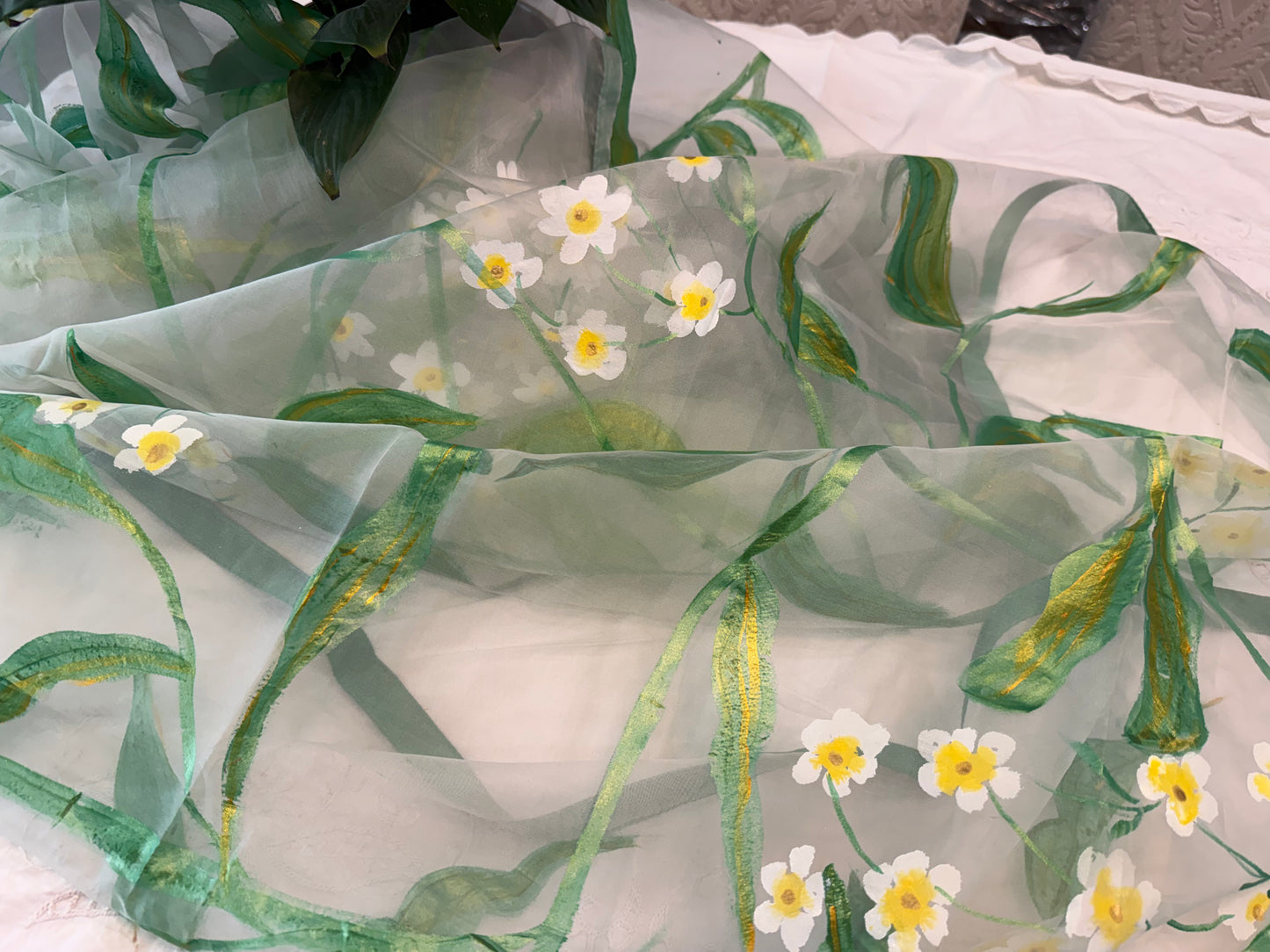 Whispers of wild daisies-Handpainted Organza dupatta