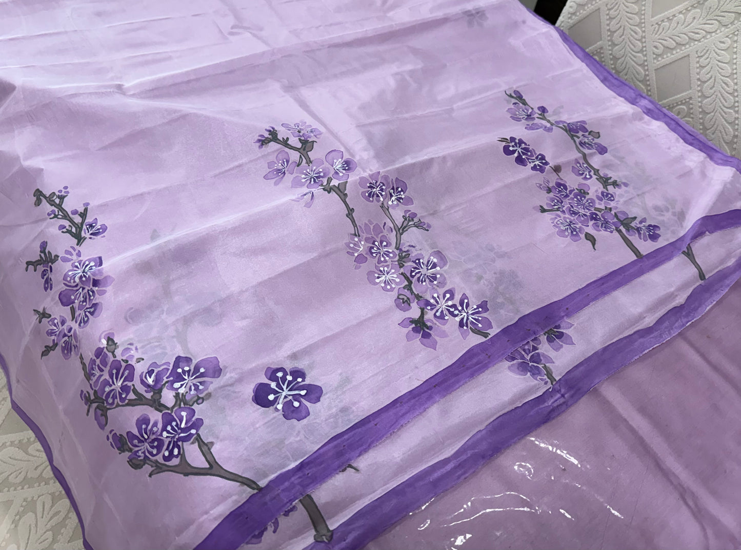 Misty Mauve Blossoms-Handpainted silk Dupatta