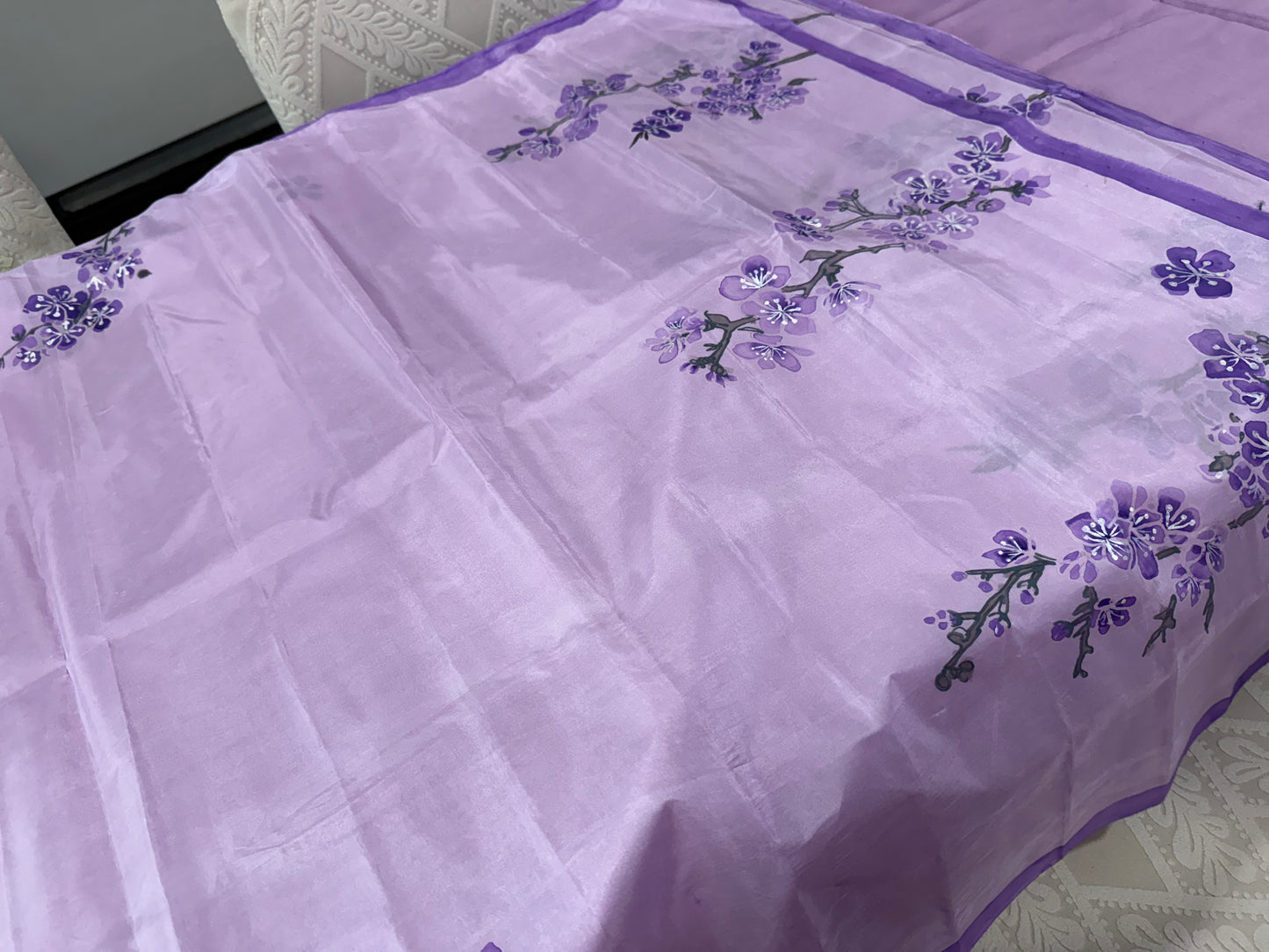 Misty Mauve Blossoms-Handpainted silk Dupatta