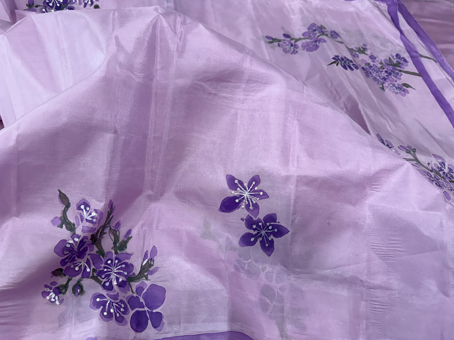 Misty Mauve Blossoms-Handpainted silk Dupatta
