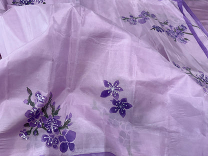 Misty Mauve Blossoms-Handpainted silk Dupatta