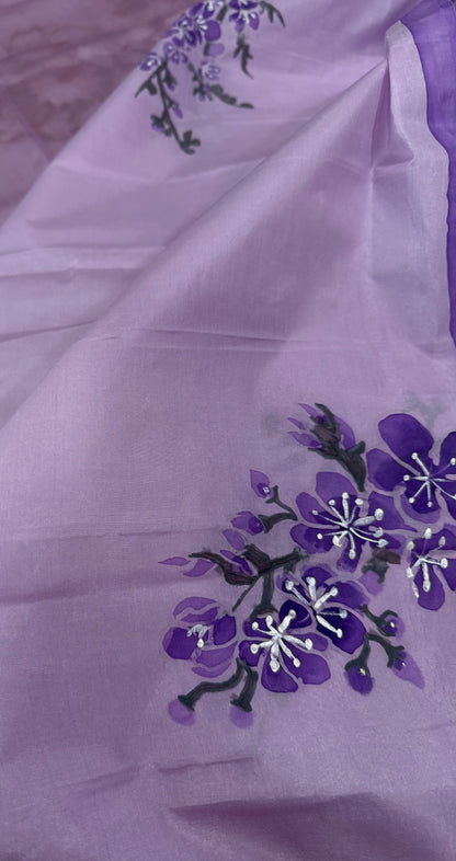 Misty Mauve Blossoms-Handpainted silk Dupatta