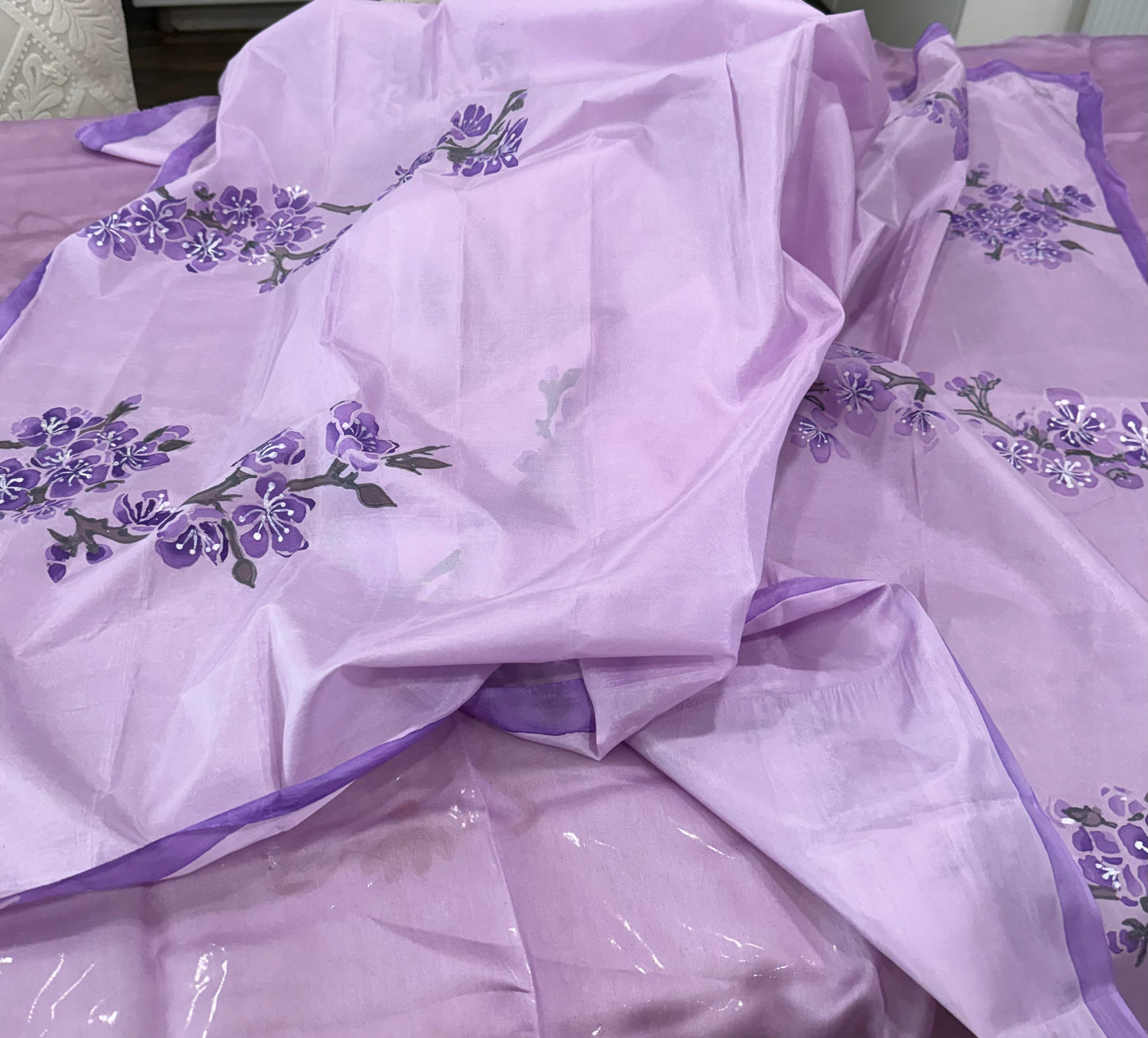 Misty Mauve Blossoms-Handpainted silk Dupatta