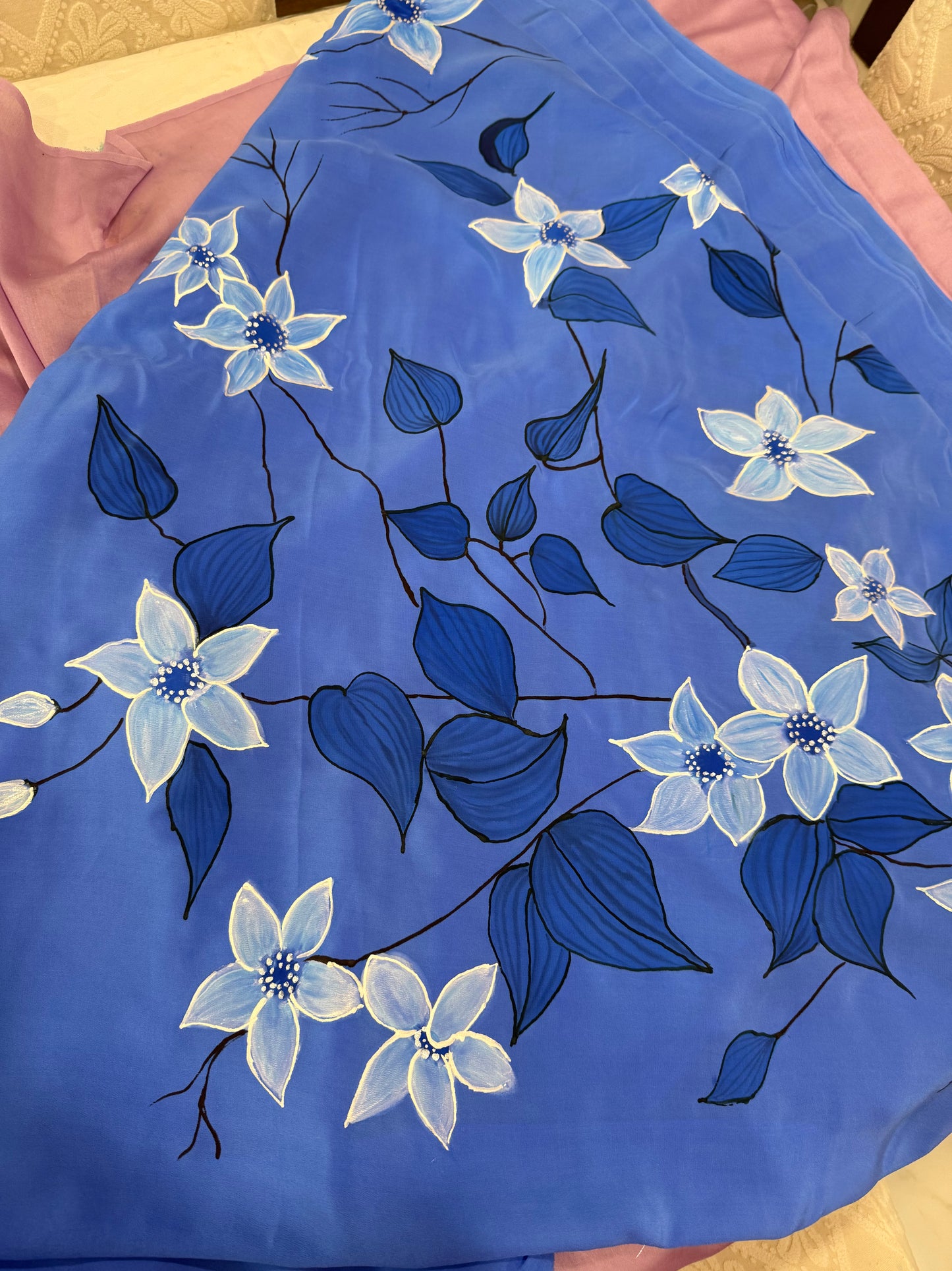 MOONLIT GARDEN FLORALS-Handpainted pure Crepe silk saree
