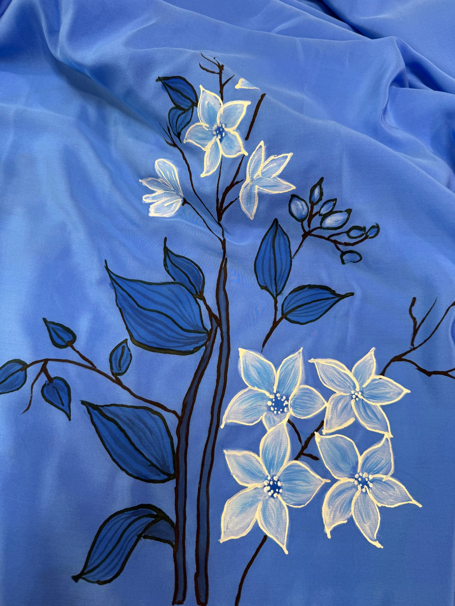 MOONLIT GARDEN FLORALS-Handpainted pure Crepe silk saree